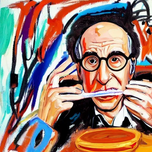 Prompt: Larry David eating a bagel as painted by Jean-Michel Basquiat, oil painting