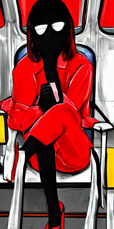 Prompt: portrait of a pretty woman sitting on the train, wearing a red jumpsuit, a black mask, and red platform shoes, digital art, highly detailed, 4 k