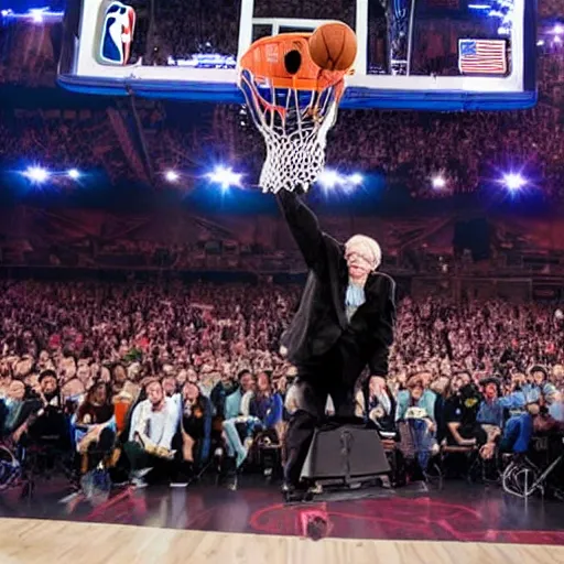 Prompt: photograph of stephen hawking flying through the air in his hovering wheelchair, dunking, highlights of the 2 0 1 9 nba slam dunking contest