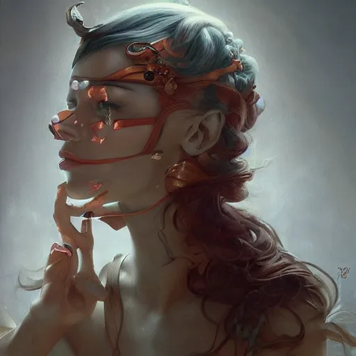 Image similar to blindfolded woman with a finger on her lips shushing, by peter mohrbacher, artgerm, karol bak, loish, ayami kojima, james stokoe, highly detailed, ultra detailed, ultra realistic, trending on artstation