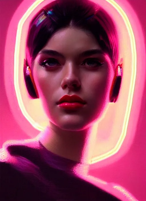 Prompt: photorealistic portrait of female humanoid, highly intricate, retro 6 0 s fashion, elegant, highly detailed, crispy quality and cyber neon light reflections, trending in artstation, trending in pinterest, glamor pose, concept art, sharp focus, art by artgerm and greg rutkowski