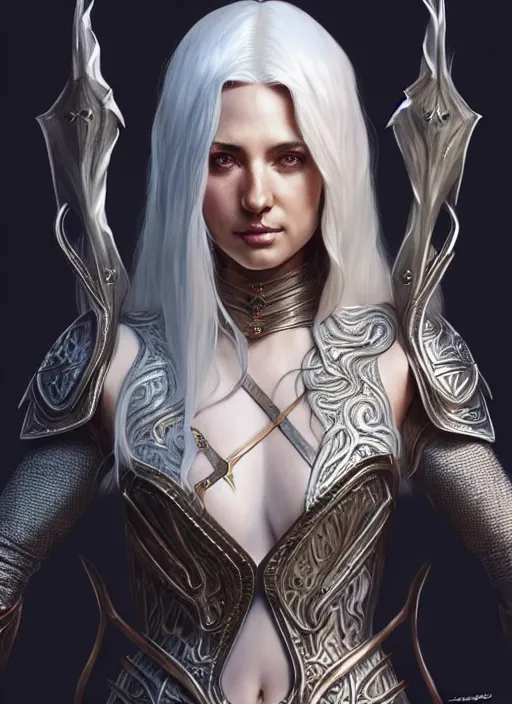 Image similar to opal leather armor!!! long wild white hair!! covered chest!!! fantasy, d & d, intricate ornate details, symmetry, concept art, sharp focus, illustration, art by artgerm! greg rutkowski magali villeneuve wlop! ilya kuvshinov!!, octane render, unreal engine 5, highly rendered!!