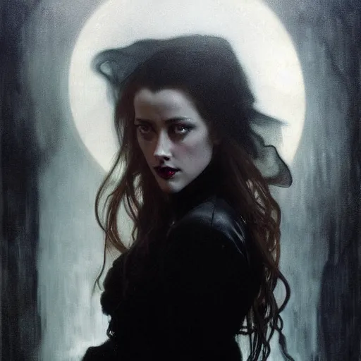 Prompt: hyperrealistic portrait of amber heard as a vampire witch in a black coat as a reflection in water in stone. by jeremy mann and alphonse mucha, fantasy art, photo realistic, dynamic lighting, artstation, poster, volumetric lighting, very detailed faces, 4 k, award winning