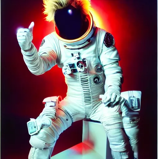 Image similar to uhd candid photo of cosmic billy idol wearing a spacesuit, glowing, global illumination, studio lighting, radiant light, detailed, correct face, elaborate intricate costume. photo by annie leibowitz