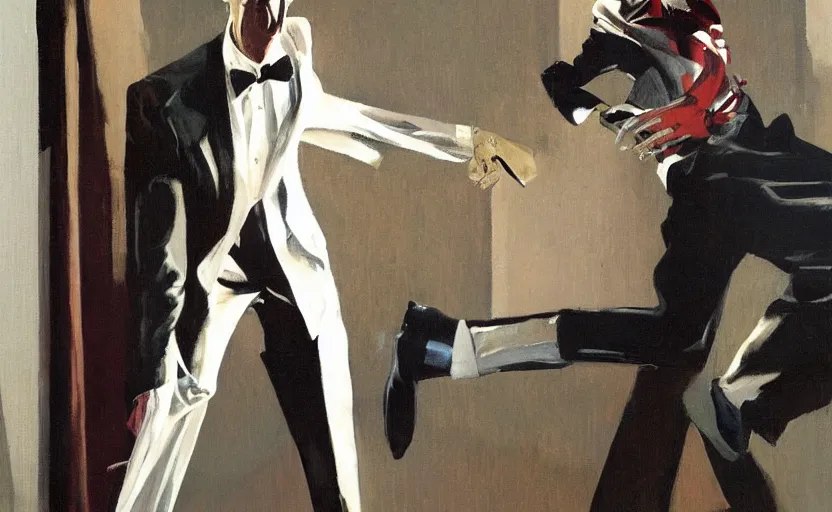 Image similar to a thin man wearing a suit screams and jumps over a telephone in a dark, 1980s living room, painted by phil hale, highly detailed