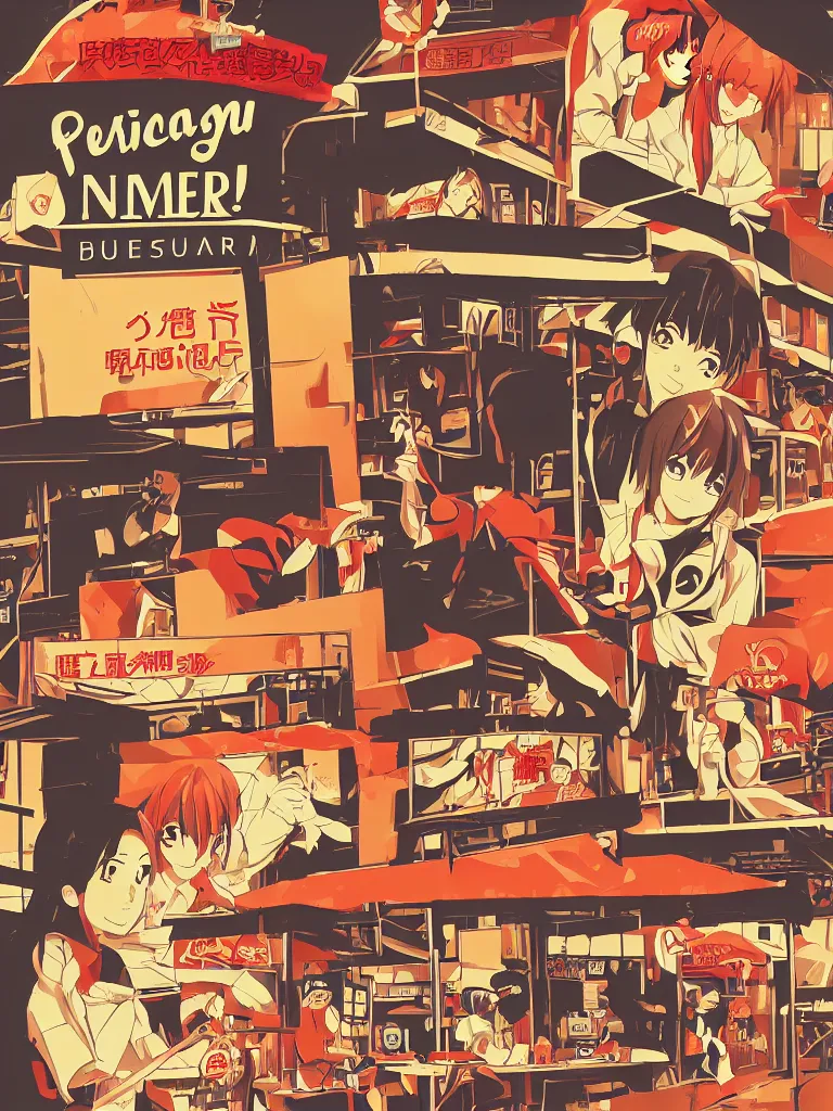 Image similar to poster advertisement for a restaurant, japanese anime graphics illustration, stylish typography