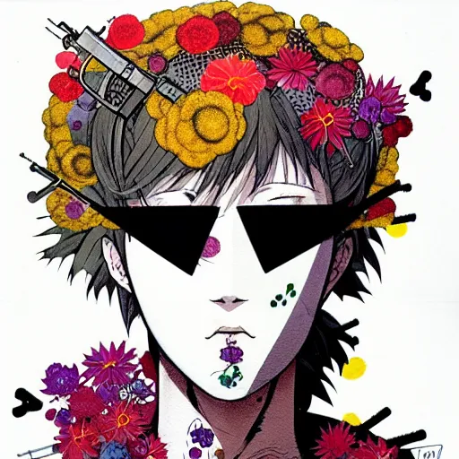 Image similar to prompt: Fragile portrait of singular persona covered with flowers and bullets illustrated by Katsuhiro Otomo, inspired by Ghost in Shell and 1990 anime, smaller cable and cyborg parts as attributes, eyepatches, illustrative style, intricate ink and guache painting detail, manga and anime 1990