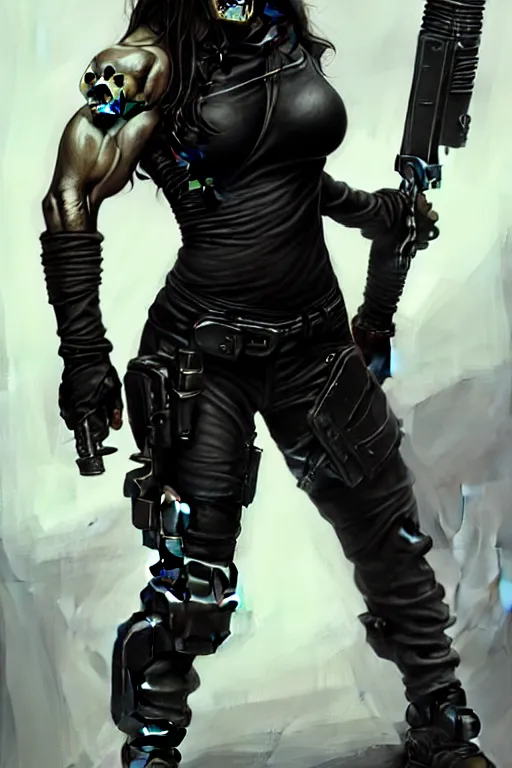 Prompt: gina carano as an ork with prothesis metallic left arm, casual black clothing, muscular, realistic proportions, casual pose, large portrait, sci - fi, shadowrun, rpg character, gun, digital painting, artstation, concept art, smooth, 8 k frostbite 3 engine, ultra detailed, art by artgerm and greg rutkowski and magali villeneuve