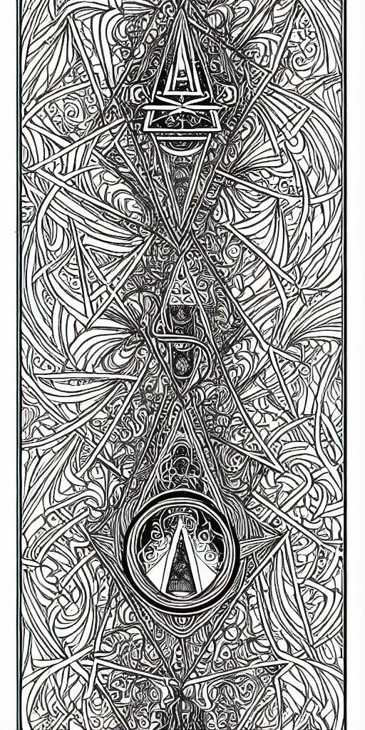 Image similar to a beautiful black and white fractal tarot card featuring bold occult imagery with clean lines. circuit board. detailed adult coloring book