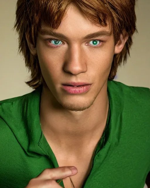 Image similar to dramatically - lit closeup portrait photograph of norville shaggy rogers from the scooby - doo live - action film ( 2 0 0 2 ), sharp details, vignette, high saturation, smooth textured skin, subsurface scattering, green shirt, electric background, photograph by mark mann and martin schoeller, 4 k, soft focus, centered, symmetrical