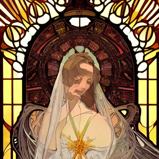 Image similar to a Portrait of A goddess in a church with a holy light emanating from her body by alphonse mucha and greg rutkowsk,In style of WLOP,digital art illustration.hyper detailed,smooth, sharp focus,trending on artstation,4k