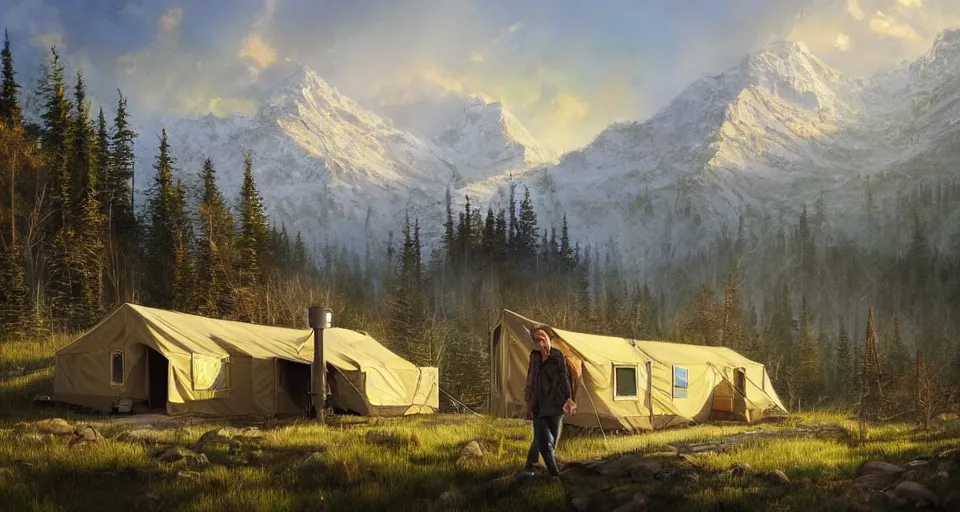 Image similar to cabela's beautiful comfortable self contained modular insulated wall container home kit - house all weather family dwelling tent house, person in foreground, mountainous forested wilderness open fields, beautiful views, painterly concept art, environmental concept art, concept art illustration, by james gurney, by craig mullins, by greg rutkowski trending on artstation