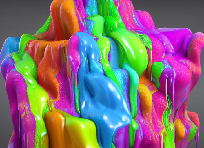 Prompt: a shelf with colorful goo dripping over the edge by dan lam 8 k 3 d 3 d shading, octane render, 3 ds max