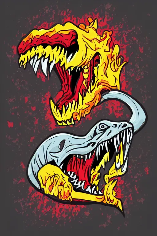 Image similar to Evil t-rex, the devil, sticker, blood thirsty, spawn of Satan, burning in hell, blood, evil, colorful, illustration, highly detailed, simple, smooth and clean vector curves, no jagged lines, vector art, smooth