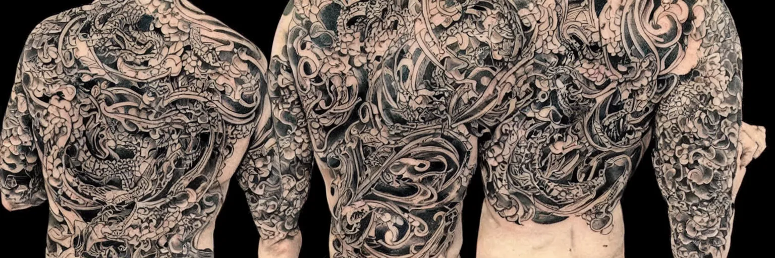 Image similar to intricate yakuza tattoos patterns , colorful draws on black background