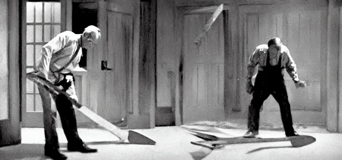 Image similar to jack nicolson breaking down door with an axe, foggy cinematic shot photo still from movie shining by stanley kubrik