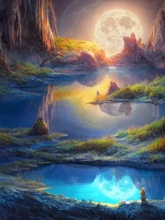 Prompt: a ultradetailed beautiful concept art of the crystal formation of the prismatic crystal of hope is filled with the wonderful colors of the emotion around it in a forgotten cave lighten by the moon light and reflecting on the surface of a quiet lake, concept art, high resolution 4 k, by artgeem