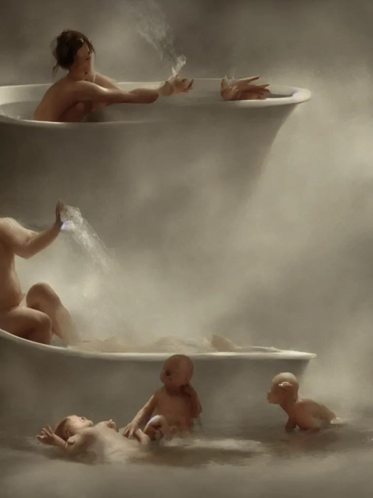 Prompt: steaming bath in a clubfoot bathtub by disney concept artists, blunt borders, rule of thirds, golden ratio, godly light