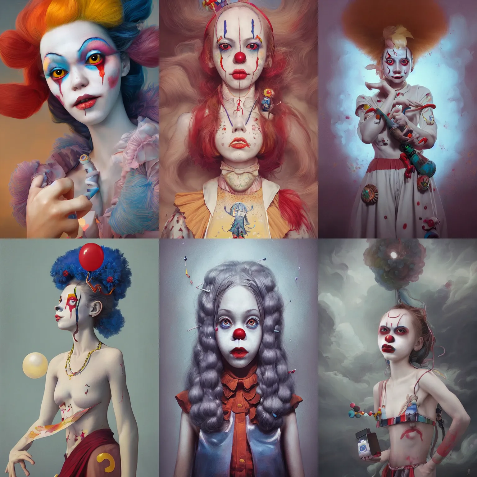 Image similar to breathtaking detailed painting of clown girl , with anxious, piercing eyes, Atari game cover art by Hsiao-Ron Cheng, James jean, Miho Hirano, Hayao Miyazaki, extremely moody lighting, hyperrealistic, octane render, RPG portrait, ambient light, dynamic lighting