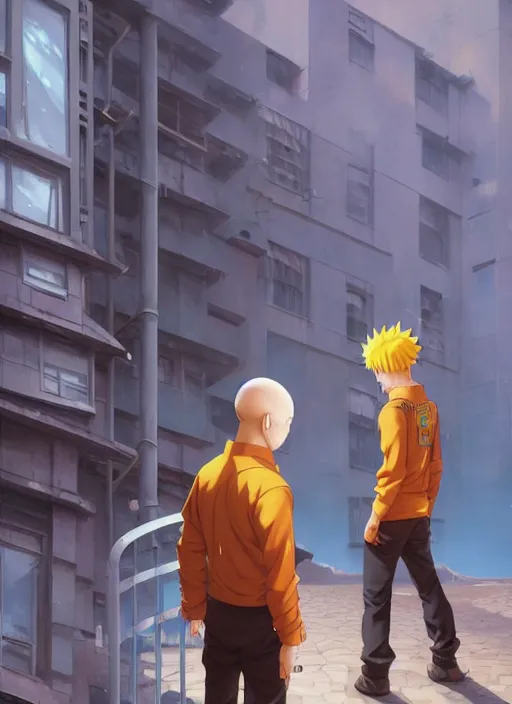 Image similar to highly detailed krillin standing outside building with a window with metal bars and naruto uzumaki with black hair behind them art by greg rutkowski, loish, rhads, ferdinand knab, makoto shinkai and lois van baarle, ilya kuvshinov, rossdraws, tom bagshaw, global illumination, radiant light, detailed and intricate environment