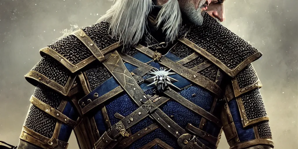 Image similar to geralt from syria new costume concept design with metal sholders and ornaments on the armor, witcher wild hunt, layered armor, fashion, colors with gold and dark blue, concept art, by artgerm, greg rutkowski, cinematic light, featured on artstation, octane render, sharp focus, ray tracing, artstationhq, cgsociety, 8 k.