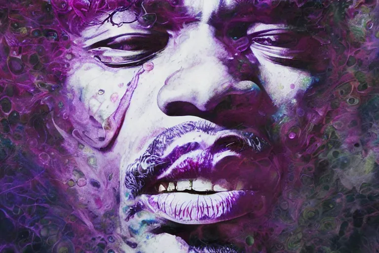 Prompt: A Weirdcore Mesmerizing 8k hyperrealistic Photo Portrait jimi hendrix transforming into a purple haze, soft, sharp focus, detailed, artwork By Ayami Kojima, Daytoner, Greg Tocchini, James Jean,Yoshitaka Amano