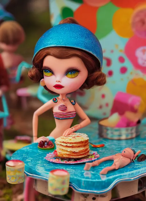 Prompt: closeup of a tin toy bikini girl eating cakes, depth of field, zeiss lens, detailed, symmetrical, centered, fashion photoshoot, by nicoletta ceccoli, mark ryden, lostfish, earl nore, hyung tae, frank frazetta, breathtaking, 8 k resolution, extremely detailed, beautiful, establishing shot, artistic, hyperrealistic, octane render