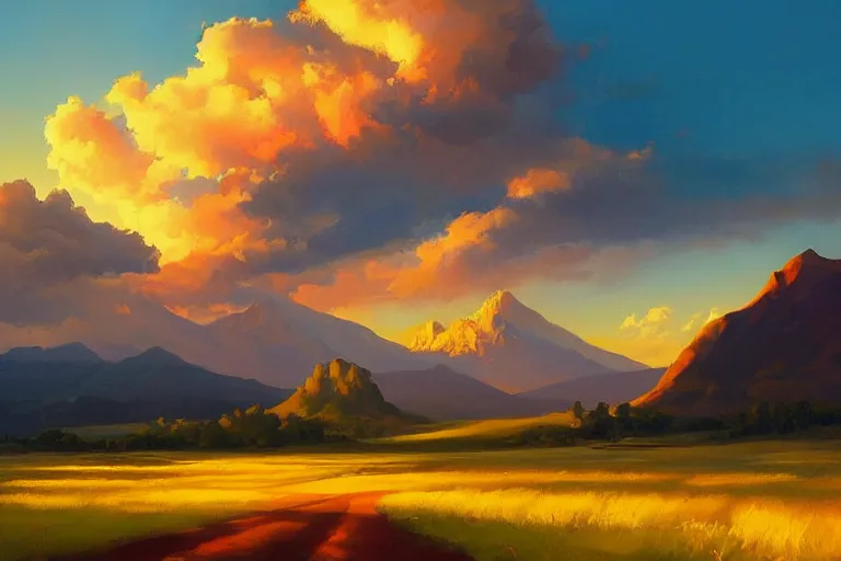 Prompt: a beautiful nature landscape with clouds, mountains, in background, sunset, by rhads