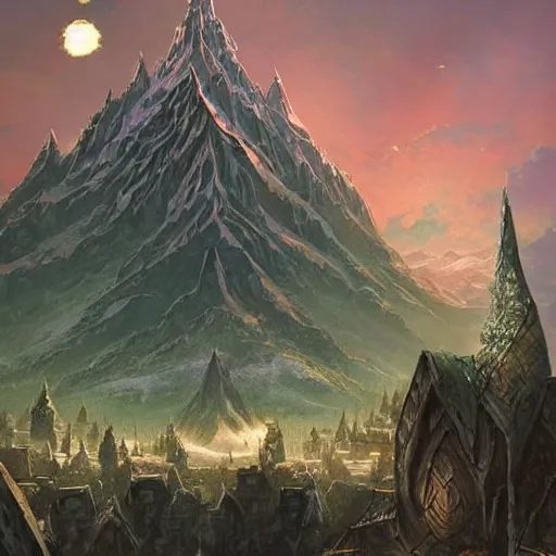 Image similar to green dwarven city carved into Erebor the Lonely Mountain from the Hobbit, by Marc Simonetti