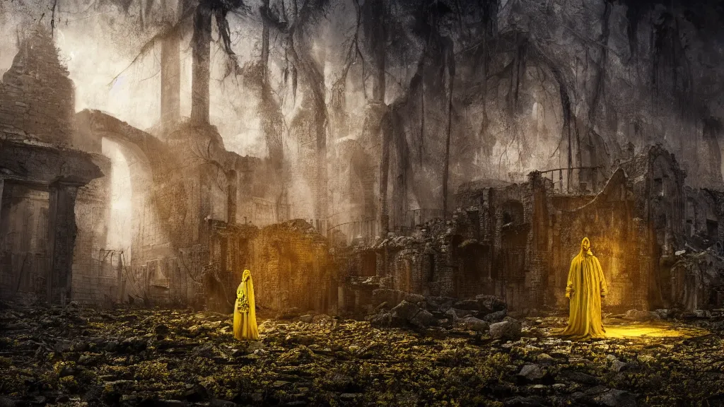 Prompt: King in yellow in middle of a ruins, horror, eldritch, 8K, concept art, DSLR, filmic, HDR, hyperrealism, Unreal Engine, volumetric lighting, Darkart