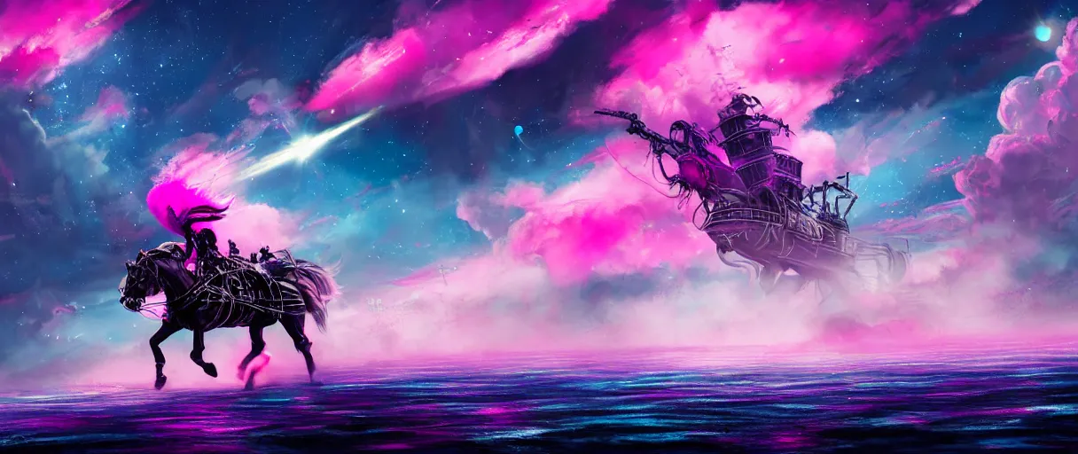 Prompt: space, a horse - drawn, a mechanical horse with a pink mohawk drives a pirate spaceship, punk, hyperdetailed illustration, stars, pink, neon, oil painting, rich deep colors masterpiece, pirate neon ship, ultra detailed, contrast, heaven pink, clouds, volumetric light, atmospheric lighting, dramatic, cinematic, moody, octane render 4 k, 8 k