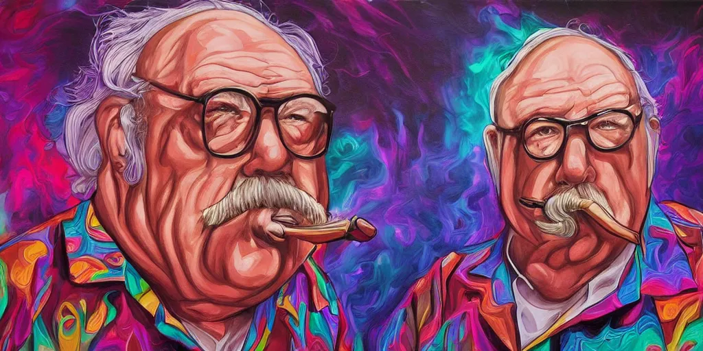 Image similar to wilford brimley diabeetus psychedelic ethereal high fidelity painting high resolution trending on artstation