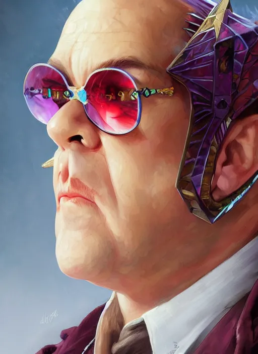 Prompt: Elton John, headshot, painted fantasy character portrait, D&D, highly detailed, digital painting, artstation, sharp focus, art by artgerm and greg rutkowski and alphonse mucha and magali villeneuve