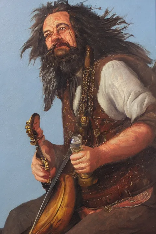 Image similar to oil portrait of the drunken bard, epic, cinematic, highly detailed