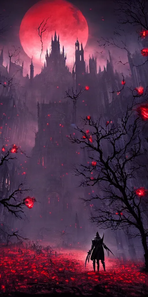 Image similar to abandoned bloodborne old valley with a obscure person at the centre and a ruined gothic city in the background, trees and stars in the background, falling red petals, epic red - orange moonlight, perfect lightning, wallpaper illustration by niko delort and kentaro miura, 1 6 k, ultra realistic