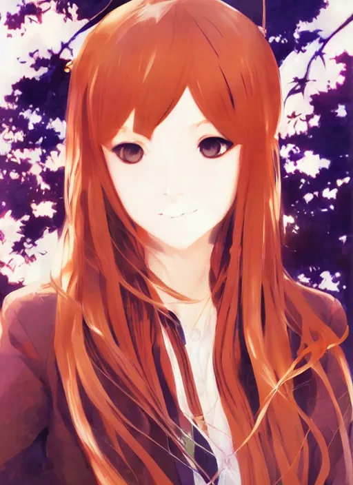 Image similar to portrait painting by shigenori soejima, beautiful girl, fox ears, focus on face, pretty, cinematic lighting, painterly, long wavy orange hair, light brown trenchcoat