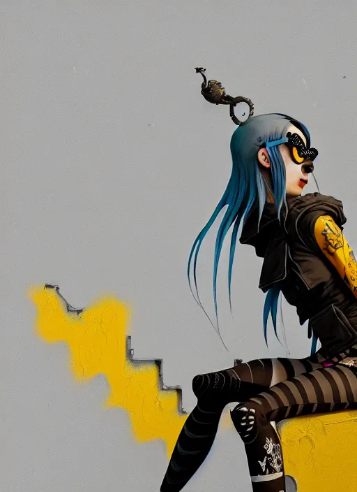 Image similar to highly detailed matte painting, of punk girl sitting on maximalist 3 d calligraphy graffiti tag light eroding grey walls, by atey ghailan, by greg rutkowski, by greg tocchini, by james gilleard, by joe fenton, by kaethe butcher, yellow, brown, black and cyan mystical color scheme, grunge aesthetic, octane render