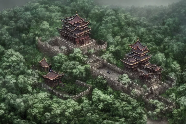 Image similar to a giant ancient chinese castle in forest with some ivy plants on the walls, by zhang zeduan, qiu ying, tang yin, cinematic, epic, dramatic lighting from above, dark, vines, fantasy, dust, unreal engine, octane, highly detailed, concept art, dark, super realistic