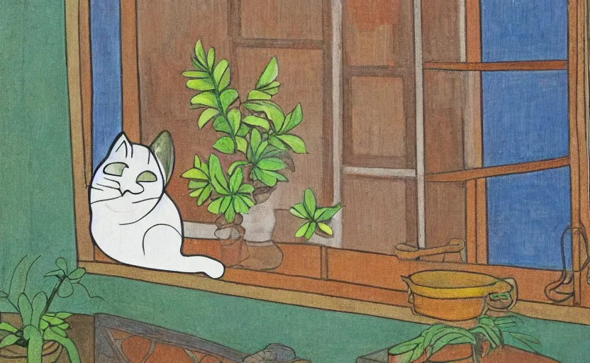 Prompt: sleeping cat on window, inside house in village, plants, divisionism and cloisonnism style
