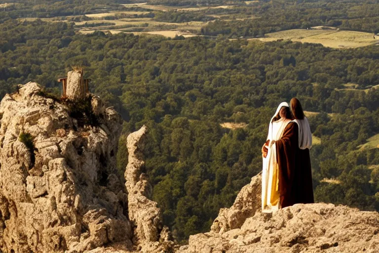 Image similar to a unique close - up photo of jesus and mary magdalene standing on a cliff looking over a beautiful landscape in france, rennes - le - chateau, award winning photo, very detailed, very realistic cinematic