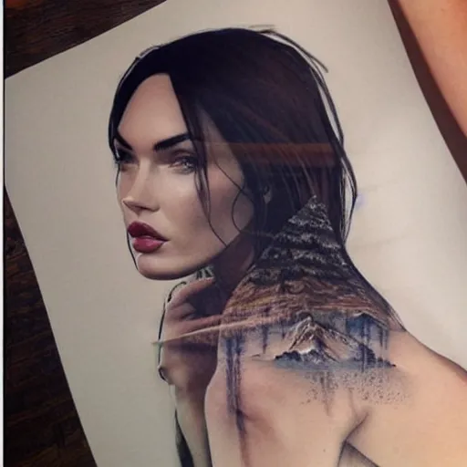 Image similar to megan fox as beautiful mountains, double exposure effect, medium sized tattoo sketch, amazing detail, trending on pinterest, in the style of tim tadder