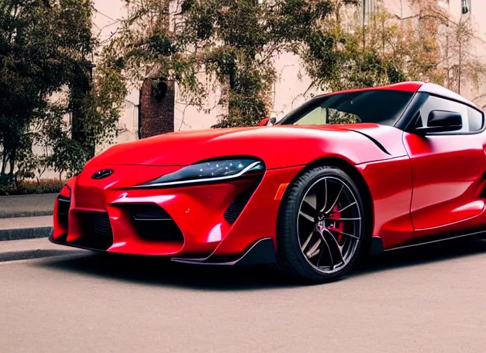 Prompt: Cannon photo of red Toyota supra made in 2022 front sideview parked on street