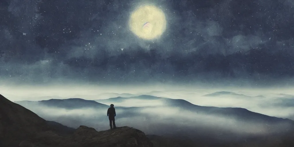 Image similar to landscape, layers, mountain ranges, dark sky, night, style of Van Gogh, moon, stars, milky way, atmospheric, cinematic, photographic, artstation, digital art, small man center standing on mountain, valley mist, fog, hazy, glow