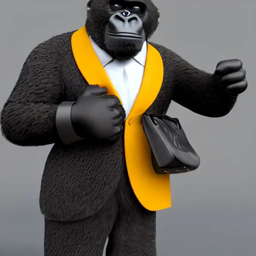 Image similar to happy gorilla wearing a suit carrying a briefcase in the style of pixar, volumetric lighting, redshift render, 4 k, detailed