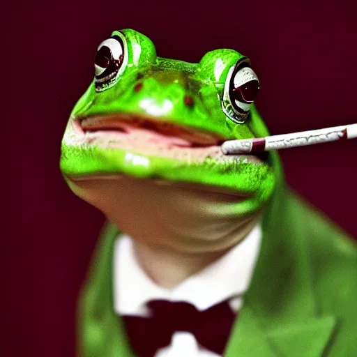 Image similar to a high detail closeup photograph of a 🐸 wearing a suit 👔,and smoking a cigarrette🚬, award wining photograph