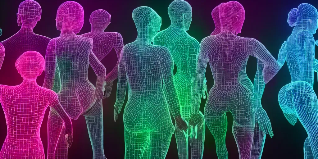 Image similar to diverse groups of humans with glowing electronic body implants projecting amazing 3D graphics, from behind, rebirth, beauty, wide angle, elaborate, wet, highly detailed, colors, beautiful lighting