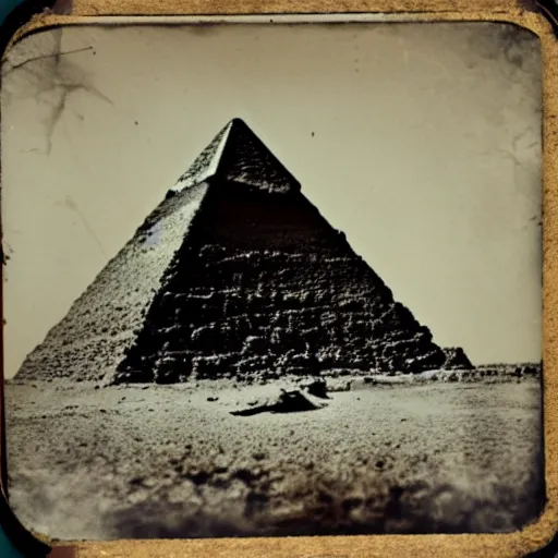 Image similar to tintype photo, underwater, pyramids falling down