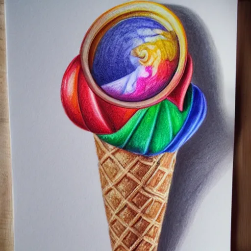 Image similar to Colored pencil art on paper, Ice Cream cone, highly detailed, artstation, MasterPiece, Award-Winning, Caran d'Ache Luminance