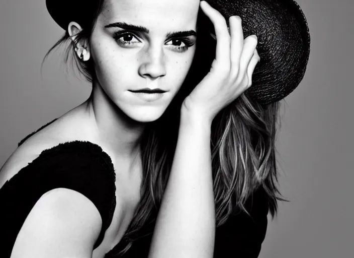 Prompt: photo portrait of emma watson with a funny hat, serious face, black and white, beautiful