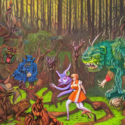 Image similar to a scene of colorful cartoon monsters in the clearing of a dark fantasy forest surrounded by darkness. hyperrealist illustration. muted colors. 1 9 7 0's pulp science fiction and fantasy cartoon for alice in wonderland and wizard of oz. highly detailed and richly colored painting by don ivan punchatz. trending on artstation